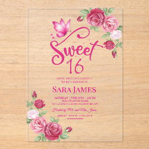 Invitations En Acrylique Papillon Rose Enchantée Sweet 16 Anniversaire