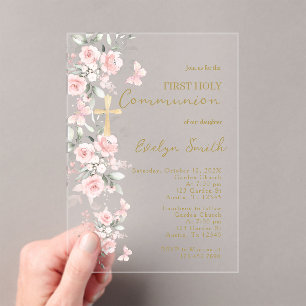 Invitations En Acrylique Papillon rose pâle Première Fille Communion