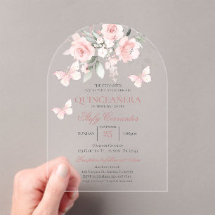 Invitations En Acrylique Papillon rose Quinceañera