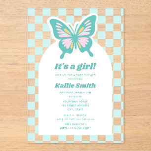 Invitations En Acrylique Papillon Turquoise Checkerboard Girl Baby shower