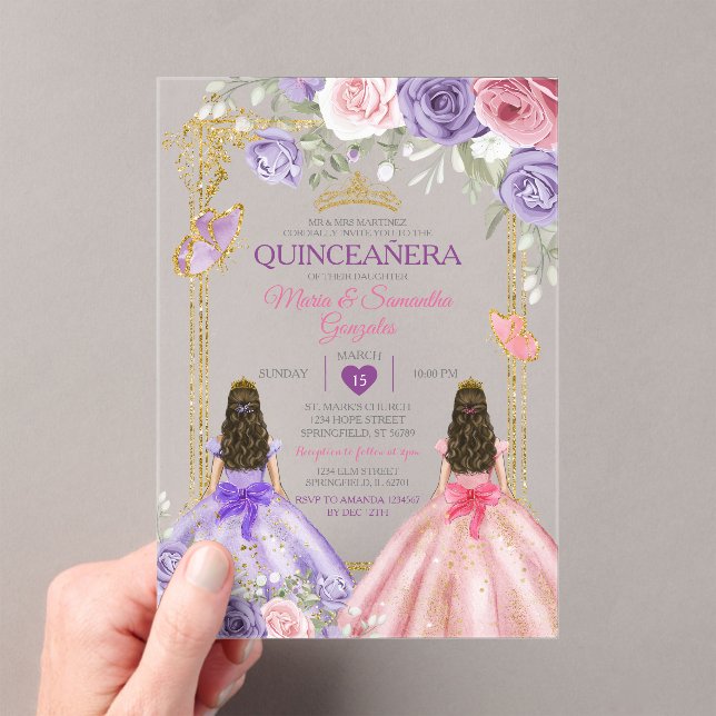 Invitations En Acrylique Papillon violet rose Floral Twin Or Quinceañera (In situ (ordinateur de poche))