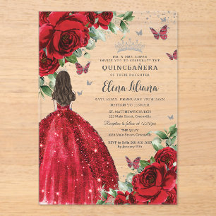 Invitations En Acrylique Papillons d'argent Floral Rouge Quinceañera Sweet 