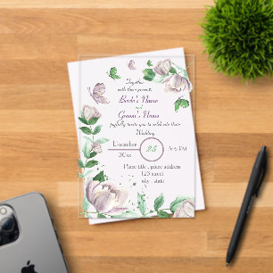 Invitations En Acrylique papillons feuille vert fleurs violettes mariage