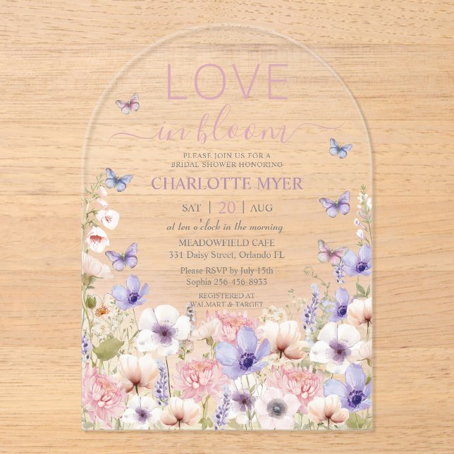 Invitations En Acrylique Papillons Fleurs sauvages rose pourpre Amour en fl (Recto)