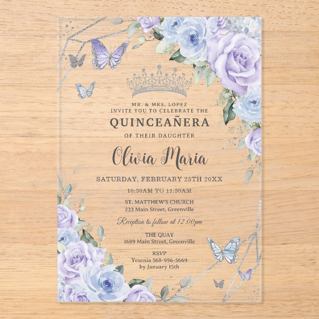 Invitations En Acrylique Papillons floraux bleu pourpre Quinceañera (Recto)
