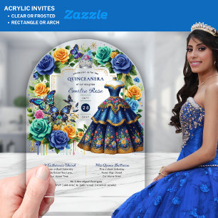 Invitations En Acrylique Papillons floraux de Fiesta QUINCEANERA Or Bleu