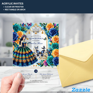 Invitations En Acrylique Papillons floraux de Fiesta QUINCEANERA Or Bleu