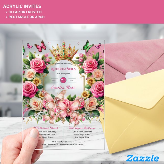 Invitations En Acrylique Papillons floraux QUINCEANERA Tiara Roses roses (Créateur téléchargé)
