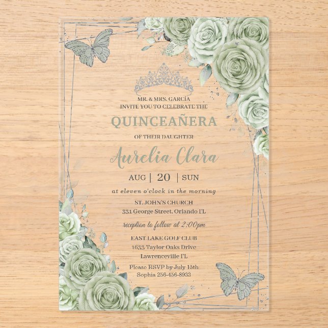 Invitations En Acrylique Papillons floraux vert Sage Silver Quinceañera (Recto)