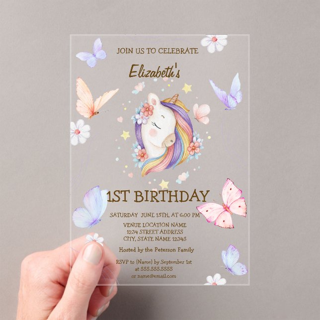 Invitations En Acrylique Papillons Unicorne floral rayé Anniversaire (In situ (ordinateur de poche))