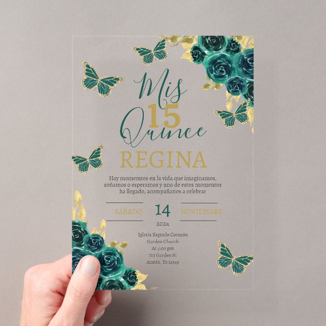Invitations En Acrylique Papillons vert émeraude Quinceañera (In situ (ordinateur de poche))
