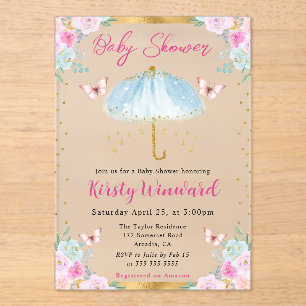 Invitations En Acrylique Parapluie de Baby Shower Bleu Or Printemps Aquarel