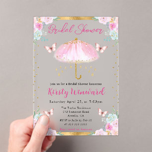 Invitations En Acrylique Parapluie de mariage de printemps en or rose aquar