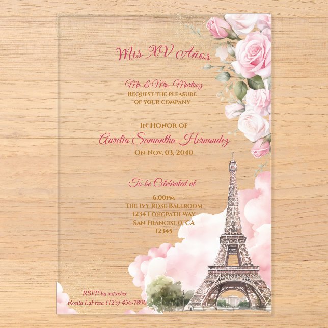 Invitations En Acrylique Paris Quinceañera (Recto)