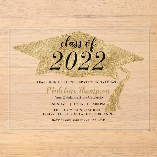 Invitations En Acrylique Parti Casquette moderne simple Gold Graduation (Recto)