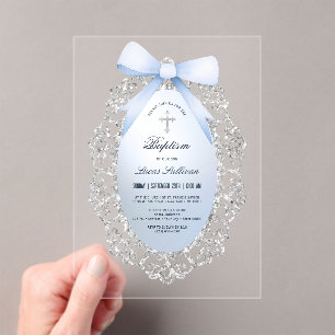 Invitations En Acrylique Parties scintillant Argent Cadre Bleu Bow Baptême