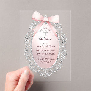 Invitations En Acrylique Parties scintillant Argent Cadre rose Bow Baptême