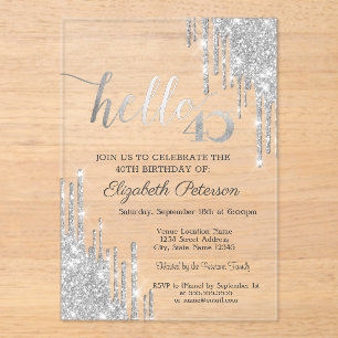 Invitations En Acrylique Parties scintillant argent gouttes Rose or 40e ann