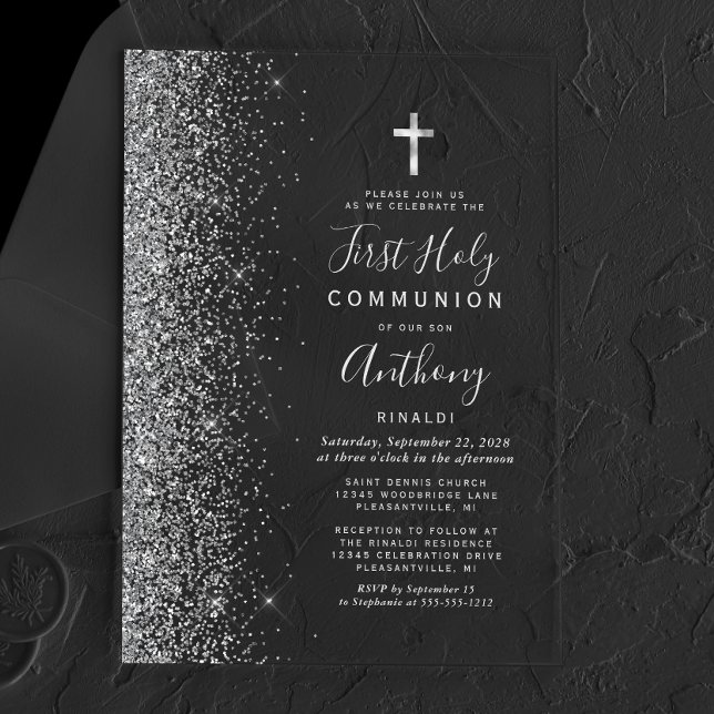 Invitations En Acrylique Parties scintillant Bord Argent Texte Première Sai (Créateur téléchargé)