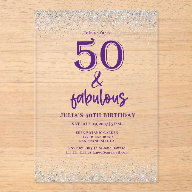 Invitations En Acrylique Parties scintillant d'argent violet 50e fête d'ann (Recto)