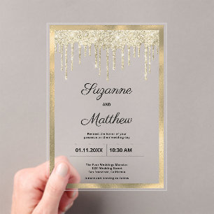Invitations En Acrylique Parties scintillant de luxe en or noir Mariage gou