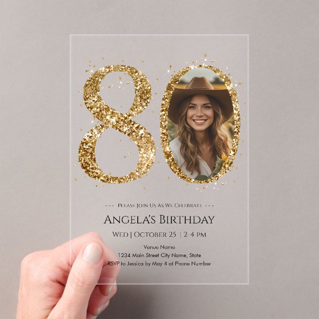 Invitations En Acrylique Parties scintillant d'or 80e anniversaire Photo (In situ (ordinateur de poche))