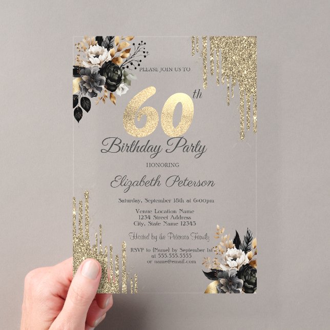 Invitations En Acrylique Parties scintillant d'or Roses noirs 60e anniversa (In situ (ordinateur de poche))