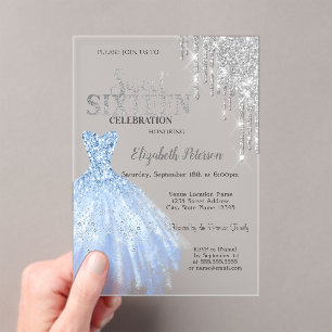 Invitations En Acrylique Parties scintillant en argent, Robe Bleue Douce 16