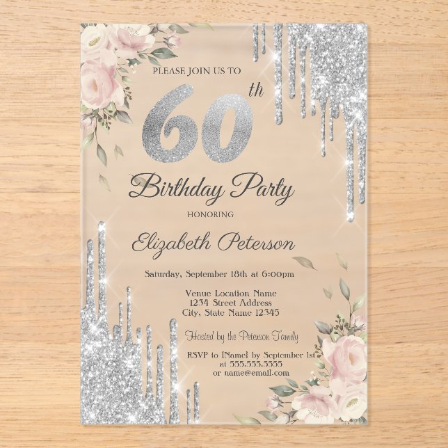 Invitations En Acrylique Parties scintillant en argent, Rose 60e anniversai (Recto)