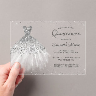 Invitations En Acrylique Parties scintillant en argent Script Quinceañera P