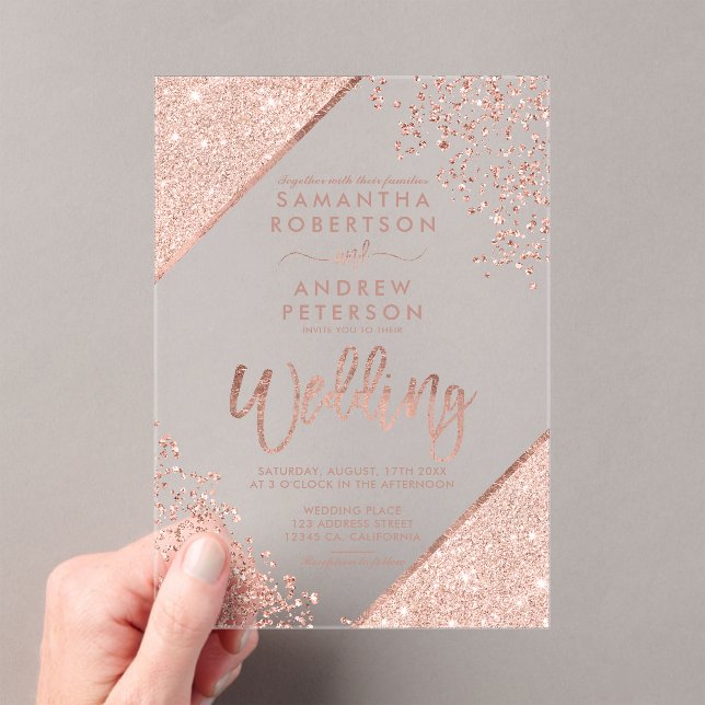 Invitations En Acrylique parties scintillant en or rose confetti Chic maria (In situ (ordinateur de poche))