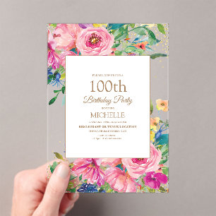 Invitations En Acrylique Parties scintillant or rose jaune floral 100e anni