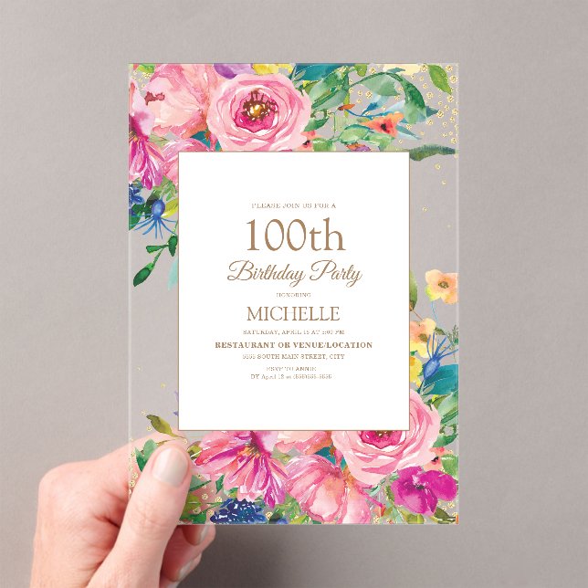 Invitations En Acrylique Parties scintillant or rose jaune floral 100e anni (In situ (ordinateur de poche))