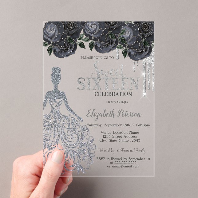 Invitations En Acrylique Parties scintillant, Robe Black Roses Sweet 16 Inv (In situ (ordinateur de poche))