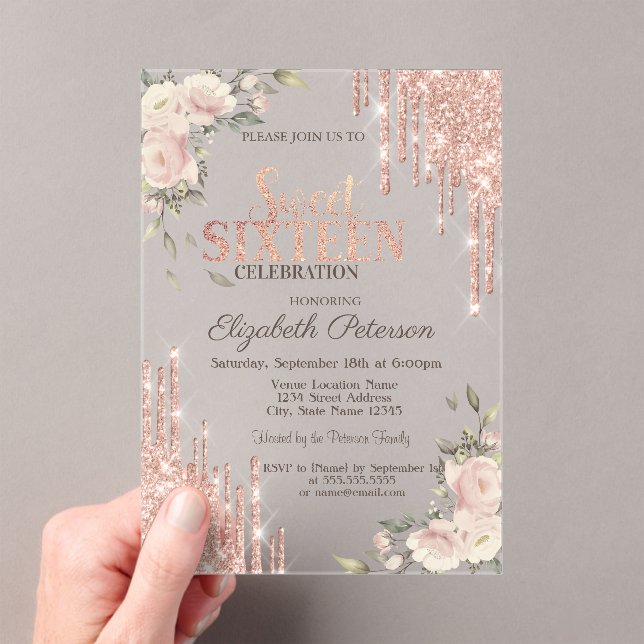 Invitations En Acrylique Parties scintillant  Rose Floral Or Floral Sweet 1 (In situ (ordinateur de poche))