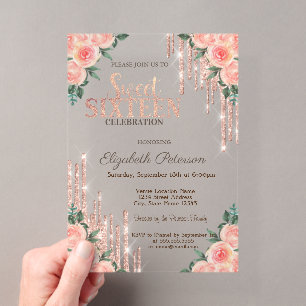 Invitations En Acrylique Parties scintillant Rose Gold Floral Sweet 16