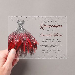 Invitations En Acrylique Parties scintillant rouge argent Script Quinceañer