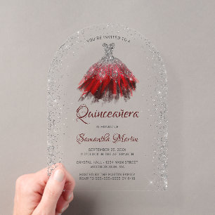 Invitations En Acrylique Parties scintillant rouge argent Script Quinceañer