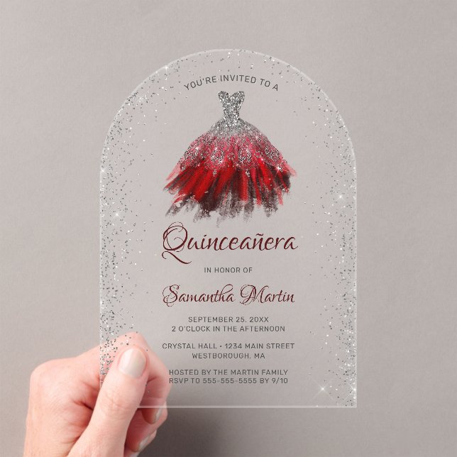 Invitations En Acrylique Parties scintillant rouge argent Script Quinceañer (In situ (ordinateur de poche))