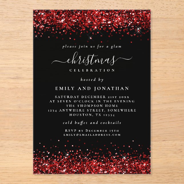 Invitations En Acrylique Parties scintillant rouge Bordure Noël noir acryli (Recto)