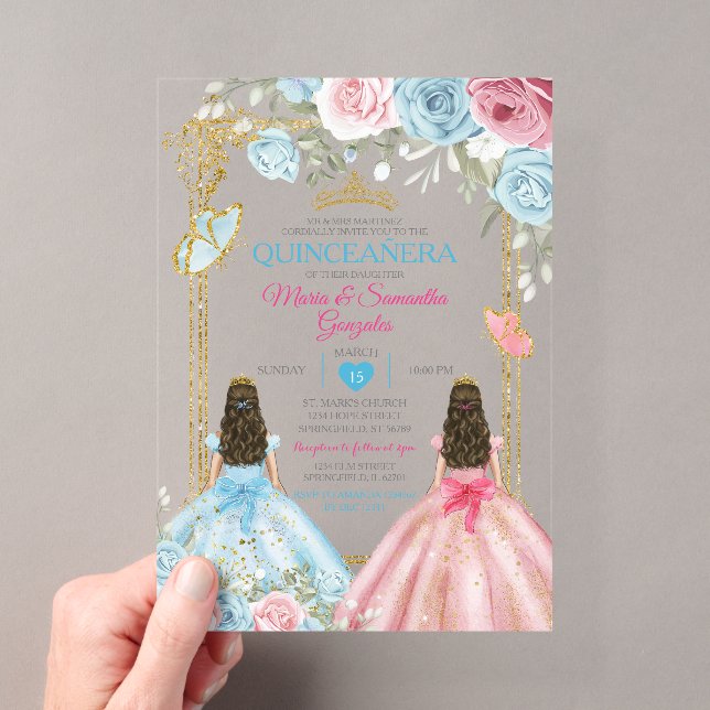 Invitations En Acrylique Pastel Bleu Rose Papillon Floral Or Quinceañera (In situ (ordinateur de poche))