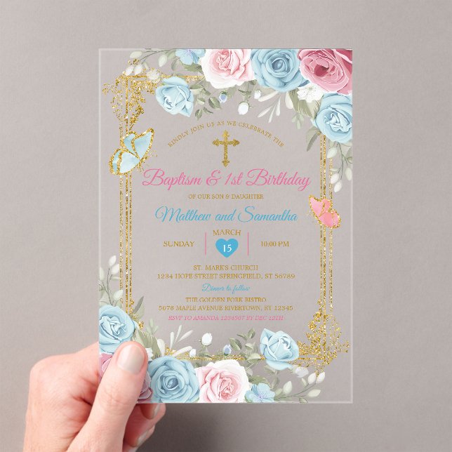 Invitations En Acrylique Pastel Blue Rose Gold Baptême & 1er anniversaire (In situ (ordinateur de poche))