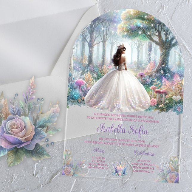 Invitations En Acrylique Pastel Enchanted Forest Quinceañera (Enchanted forest acrylic Quinceanera invitation, any occasion, simply add your event details.)