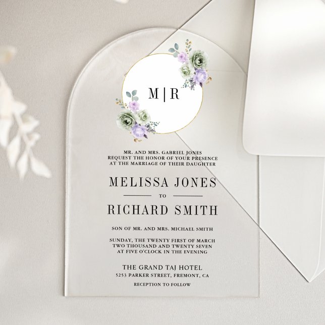 Invitations En Acrylique Pastel Purple Sage Green Floral Wedding (Créateur téléchargé)