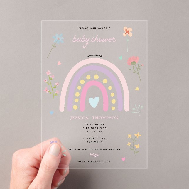 Invitations En Acrylique Pastel Rainbow Girl Fleur sauvage Hearts Baby show (In situ (ordinateur de poche))