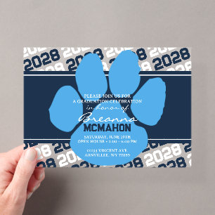 Invitations En Acrylique Pawprint diplômé Navy & Bleu Clair givré