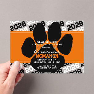 Invitations En Acrylique Pawprint Orange & Black Graduation Frosted