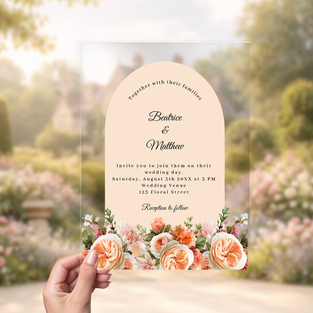Invitations En Acrylique Peach blush florals arch clear wedding (Créateur téléchargé)