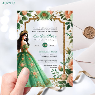 Invitations En Acrylique Peach Quinceañera Emerald Robe Mis Quince