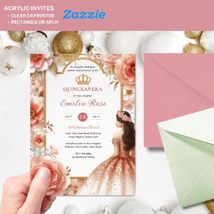 Invitations En Acrylique Pêche Rose or Quinceañera robe Floral Quince